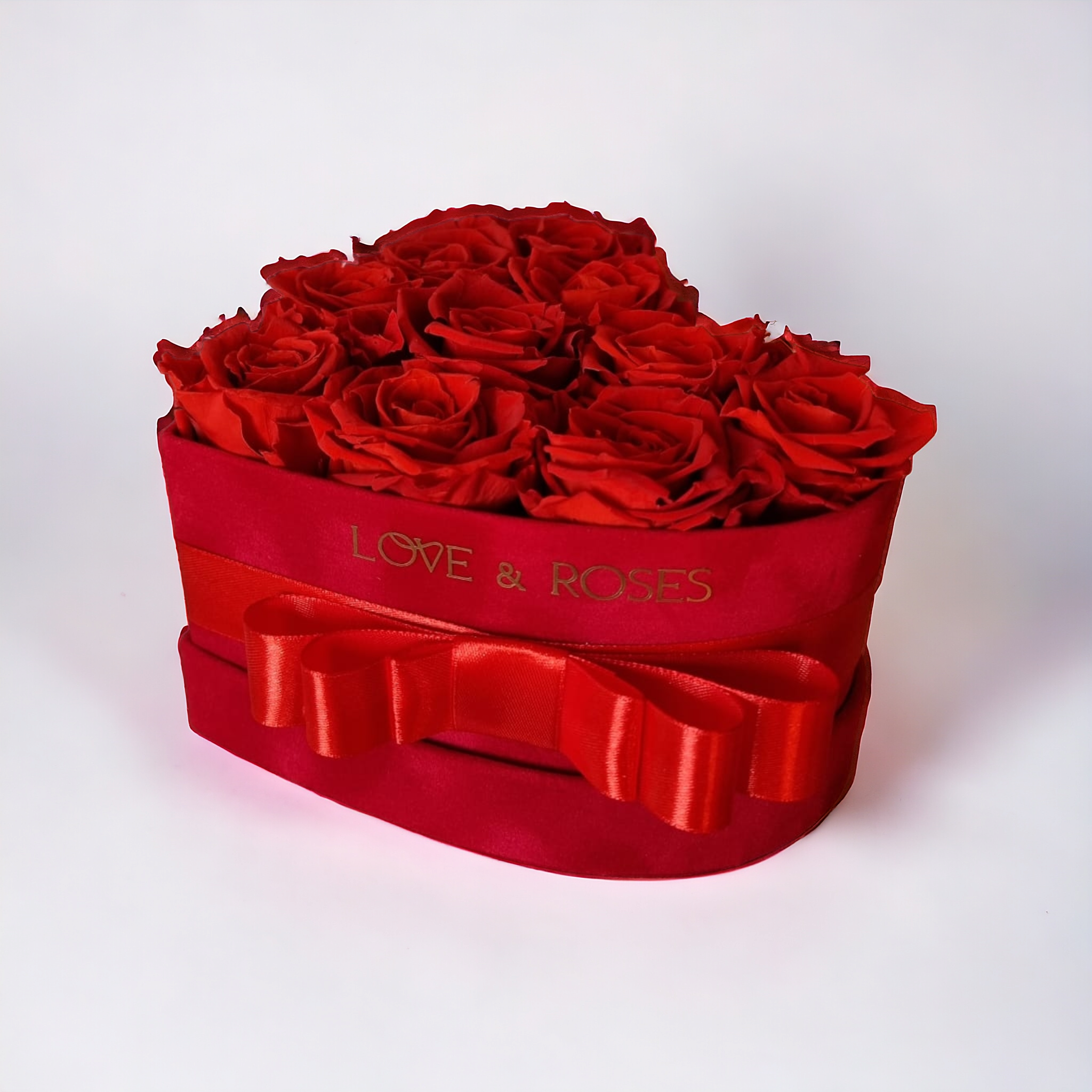 10 szálas vörösrózsa box szív alakú bársonydobozban